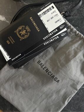 Balenciaga Black Leather Passport Cover with Gold Crest